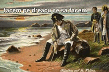 a painting of napoleon sitting on a rock by the ocean