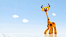 a cartoon giraffe stands in front of a blue sky with white clouds hanging from the ceiling