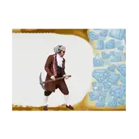 a man in a brown suit is holding a pickaxe in front of a pile of diamonds