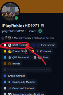 a screenshot of iplayroblox hd1971 's profile with a red arrow pointing to staff on shift