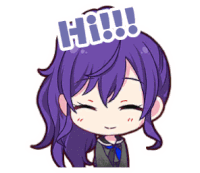 a girl with purple hair has a sticker on her head that says hi !