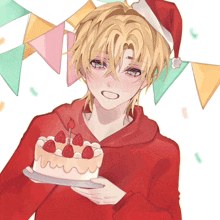 a boy wearing a santa hat is holding a cake