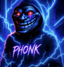 a troll wearing a hoodie that says phonk on it