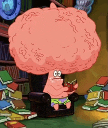 patrick star from spongebob squarepants is sitting in a chair reading a book in a library .