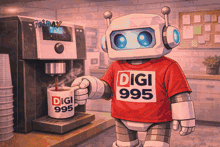 a robot wearing a red digi 995 shirt holds a cup of coffee
