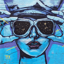 a graffiti painting of a woman wearing sunglasses with srx written on the bottom right