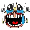 a pixel art drawing of a cartoon character with a big mouth and tears coming out of it .