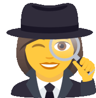 a woman wearing a hat and a suit is looking through a magnifying glass