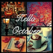 a collage of four pictures with the words hello october on them
