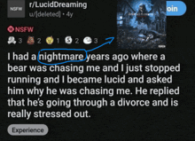 a screenshot of r / luciddreaming with a picture of a bear chasing a person