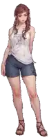 a woman in shorts and a white tank top is standing on a white background .
