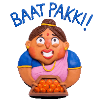 a cartoon of a woman holding a basket of oranges with the words baat pakki