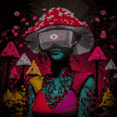 a painting of a woman with a mushroom hat and glasses with the letter d on her face