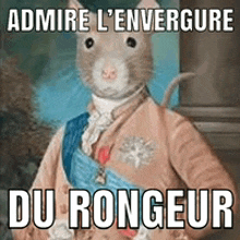 a painting of a mouse dressed as a king with the caption admire l' envergure du rongeur