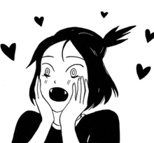 a black and white drawing of a surprised girl with hearts flying around her .