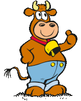 a cartoon cow wearing blue pants and a bell around its neck