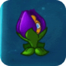 a purple flower with green leaves is on a blue background in a cartoon .