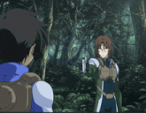 two anime characters are standing in the woods and the words you 're crazy are above them