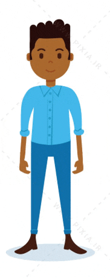 a man in a blue shirt and blue pants is standing in front of a white background