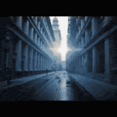 a pixel art of a city street with a clock tower in the distance