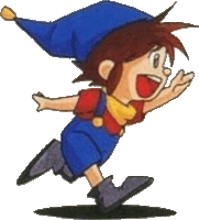 a cartoon character with a blue hat and overalls is running