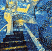 a starry night painting of a staircase with a railing