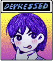 a pixel art of a depressed anime character with purple hair and a yellow and purple background .