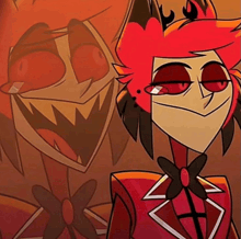 a cartoon character with red eyes and a bow tie is smiling