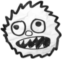 a black and white drawing of a cartoon character with sharp teeth