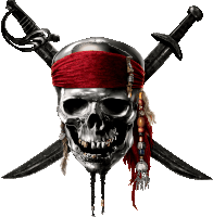 a pirate skull with two crossed swords and a red headband