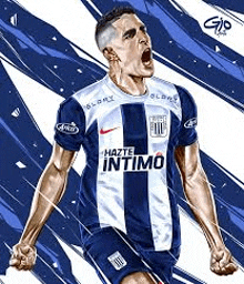 a soccer player in a blue and white uniform is screaming .