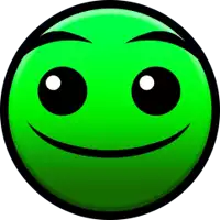 a green smiley face with big eyes is smiling .