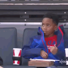 a young boy in a blue jacket is sitting in a stadium with a coca cola cup in his hand .