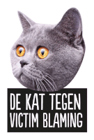 a picture of a cat with orange eyes and the words de kat tegen victim blaming below it