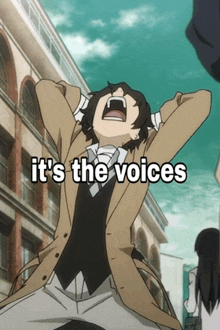 a cartoon character screaming with the words it 's the voices