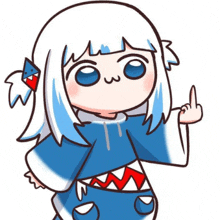 a cartoon girl with white hair and blue eyes is wearing a shark costume and giving the middle finger .