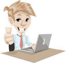 a cartoon of a man sitting at a desk using a laptop computer and giving a thumbs up .