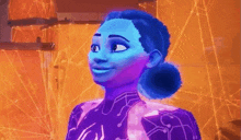 a cartoon character with blue hair is smiling in front of a glowing background .