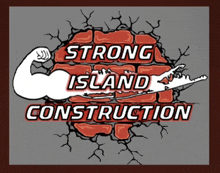 a logo for strong island construction shows a brick wall