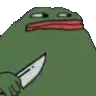 a pixel art of a green frog with a red scarf around his mouth .