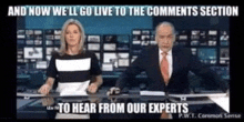 a man and a woman sitting at a news desk with the caption " and now we 'll go live to the comments section