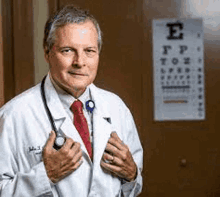 a doctor wearing a white coat and red tie is holding a stethoscope in front of an eye chart .