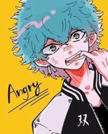 a drawing of a boy with blue hair and a black and white jacket with the word angry written on it .