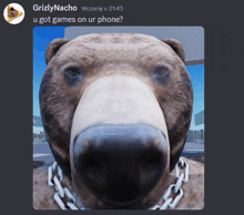 a picture of a bear with a chain around its neck and the words grizzlynacho on the bottom