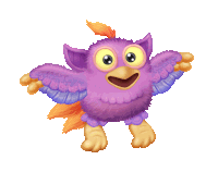 a purple and orange cartoon bird with its wings outstretched on a white background