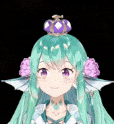 a girl with long green hair and purple eyes is wearing a crown on her head .