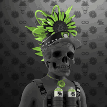 a skull wearing a hat that says flower power on it