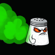 a cartoon salt shaker with an angry face is blowing green smoke .
