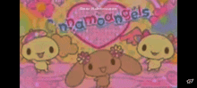 three cinnamon angels are dancing in front of a heart and the words dear rainbow.exe