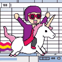 a pixel art of a person riding a unicorn .